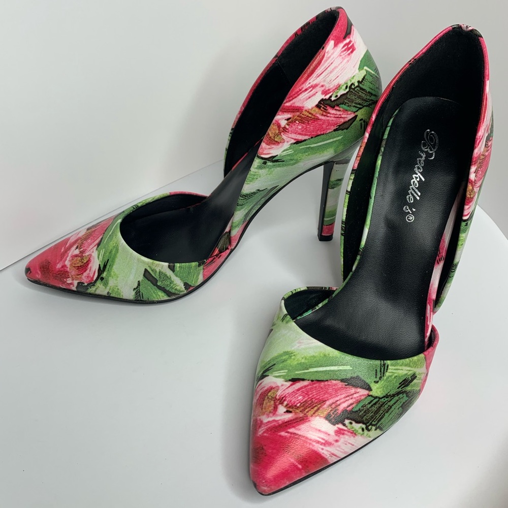Pink & green rose 👠 Stilettos high heels Size 6 1/2 - Picture 1 of 9